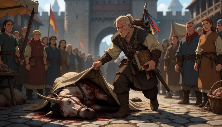 A Cinematic 2d Animated Still Capturing A Bustling Medieval...