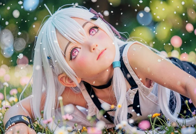 1girl, Long Hair, White Hair, Hime Cut, Pink Eyes, Wristband...