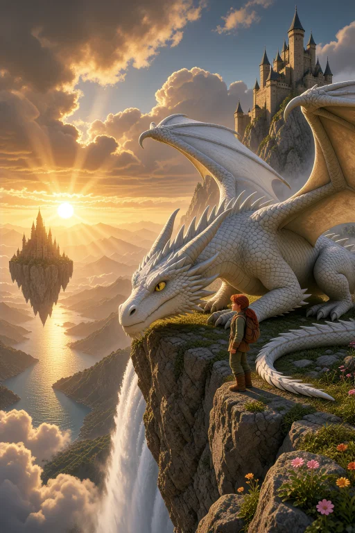 Enormous Majestic White Dragon Resting On The Edge Of A Colo...