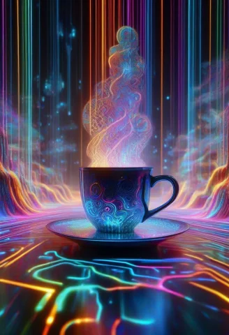 A Cup Sits On A Surface, Displaying A Faint Holographic Inte... — SDXL AI Prompt: A cup sits on a surface, displaying a faint holographic interface that shows the...