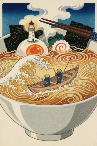 Contemporary Ukiyo-e Woodblock Print Illustration. A Steamin... — Stable Diffusion AI Prompt: Contemporary Ukiyo-E woodblock print illustration. A steaming bowl of ramen seen...