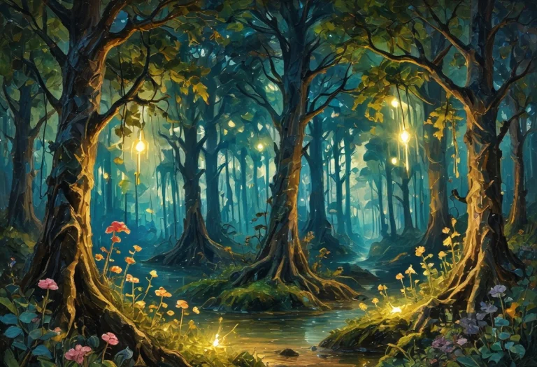 Surrealism Style A Dreamlike Forest With Glowing, Biolumines...