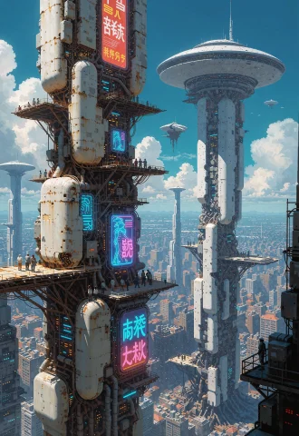 This Is A Vibrant, Post-apocalyptic Cityscape From A High Va... — Stable Diffusion AI Prompt: This is a vibrant, post-apocalyptic cityscape from a high vantage point. The ima...
