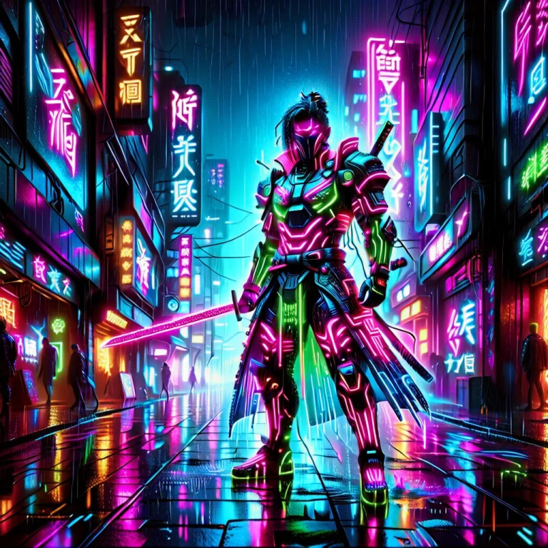 Colorful Led Lights, Futuristic Samurai Standing In A Rain-s...