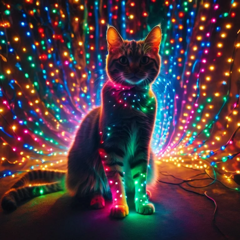A Cat Standing In A Colorful Led Lights, There Are Led Spark...
