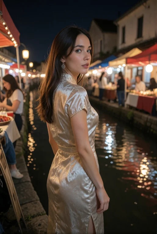 Beside A Night Market Canal, A Woman In A Satin Cheongsam-st...