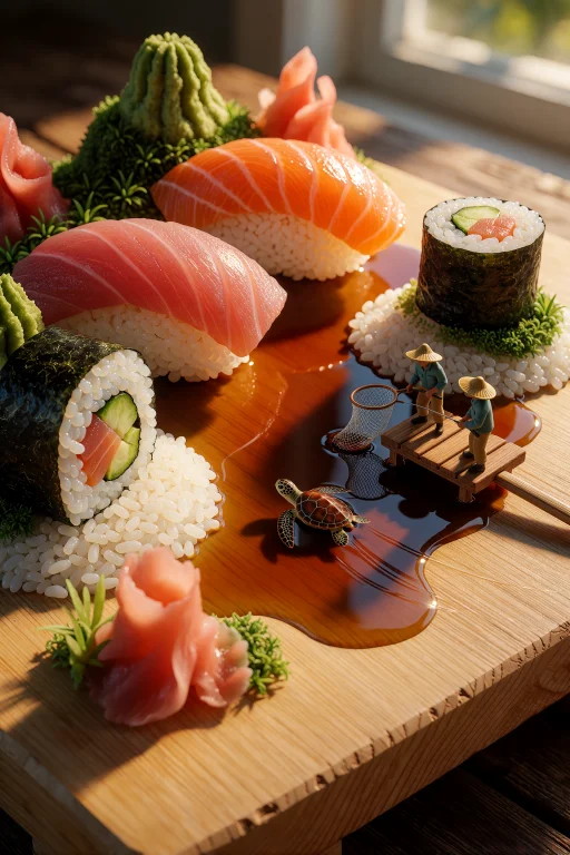 A Wooden Sushi Board At Golden Hour, Photographed In Macro A...