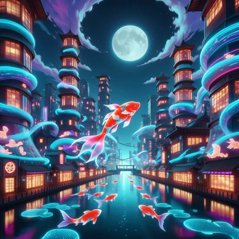 A Surreal Dreamlike World Where Enormous Koi Fish Swim Grace...