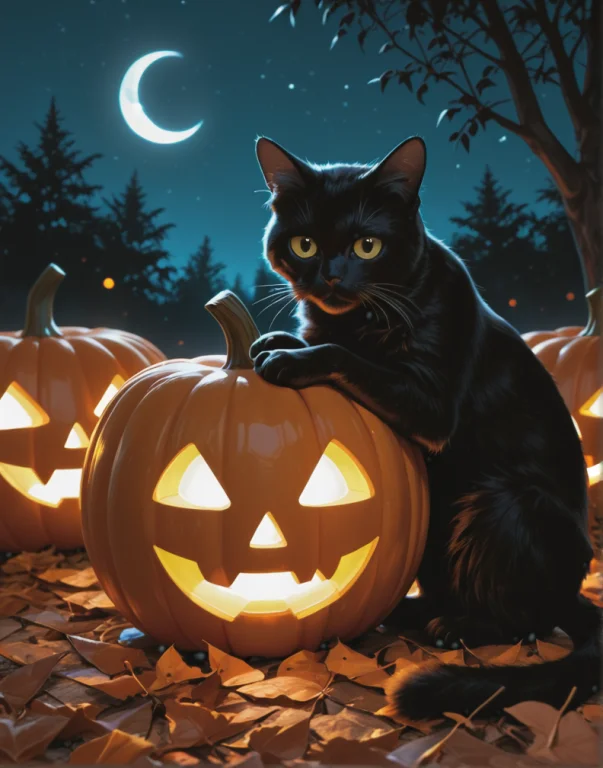 A Black Cat Sitting On A Large Carved Pumpkin In A Pumpkin P...