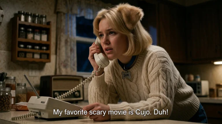 A Cinematic Still From A Thriller Film. A Young Woman With B...