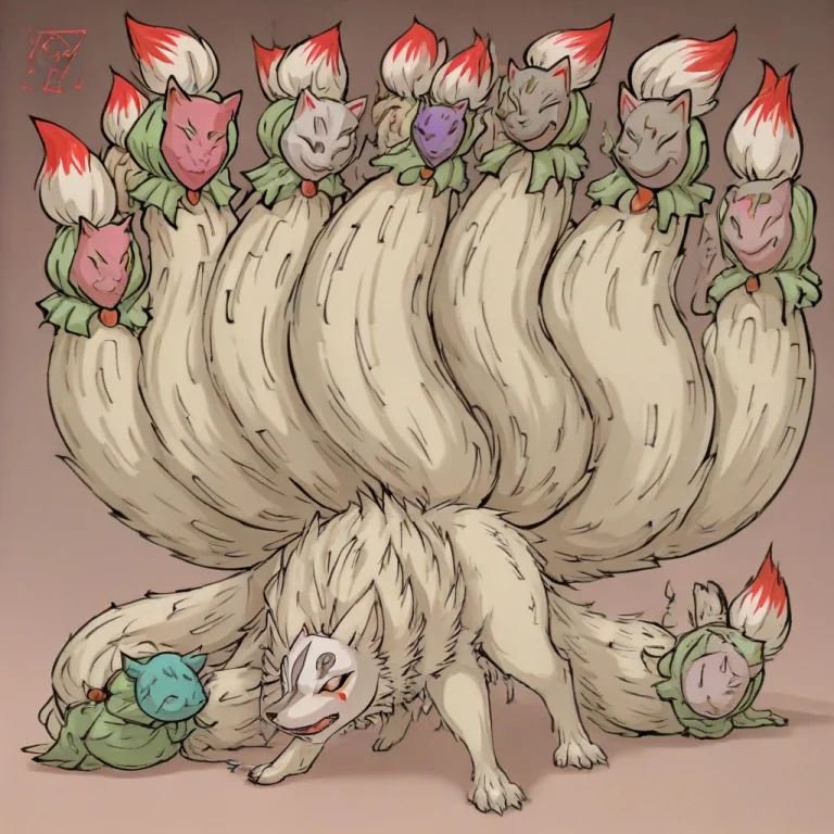 Ninetails Okami, Light Yellow Body, Kitsune Mask, 9 Tails, R...