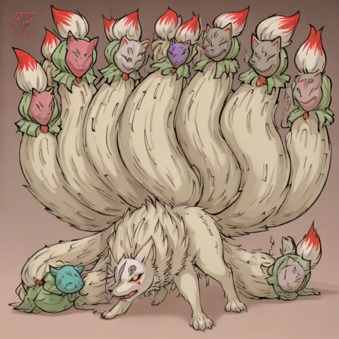 Ninetails Okami, Light Yellow Body, Kitsune Mask, 9 Tails, R... — Stable Diffusion AI Prompt: Ninetails (Okami), light yellow body, kitsune mask, 9 tails, red markings, red t...