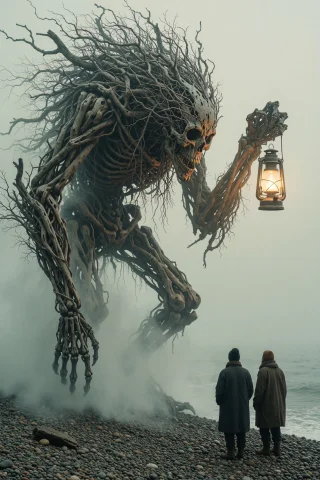 A Towering Creature Woven From Driftwood And Tangled Branche... — Stable Diffusion AI Prompt: A towering creature woven from driftwood and tangled branches stands on a pebble...