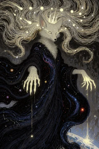 An Anthropomorphic Vixen Sorceress Whose Hair Has Become A L... — Stable Diffusion AI Prompt: An anthropomorphic vixen sorceress whose hair has become a living river of stars...