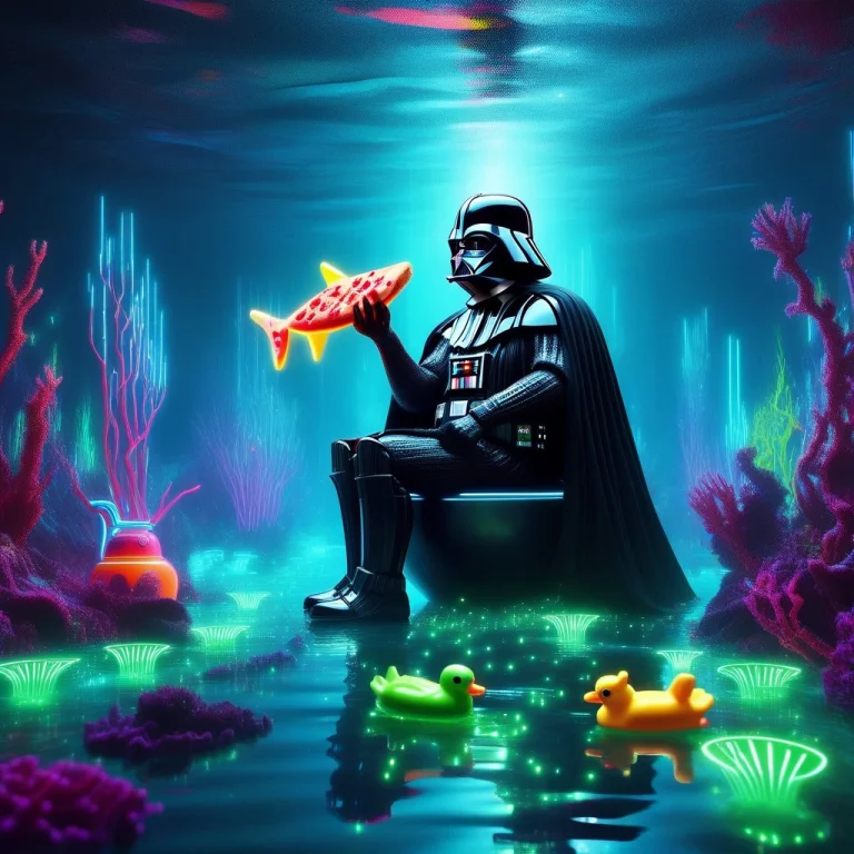 A Surreal Underwater Scene Where Darth Vader Sits On A Toile...
