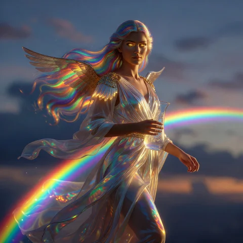 A Hyper-realistic Cinematic Portrait Of Iris, The Greek Godd... — Stable Diffusion AI Prompt: A hyper-realistic cinematic portrait of Iris, the Greek goddess of the rainbow a...