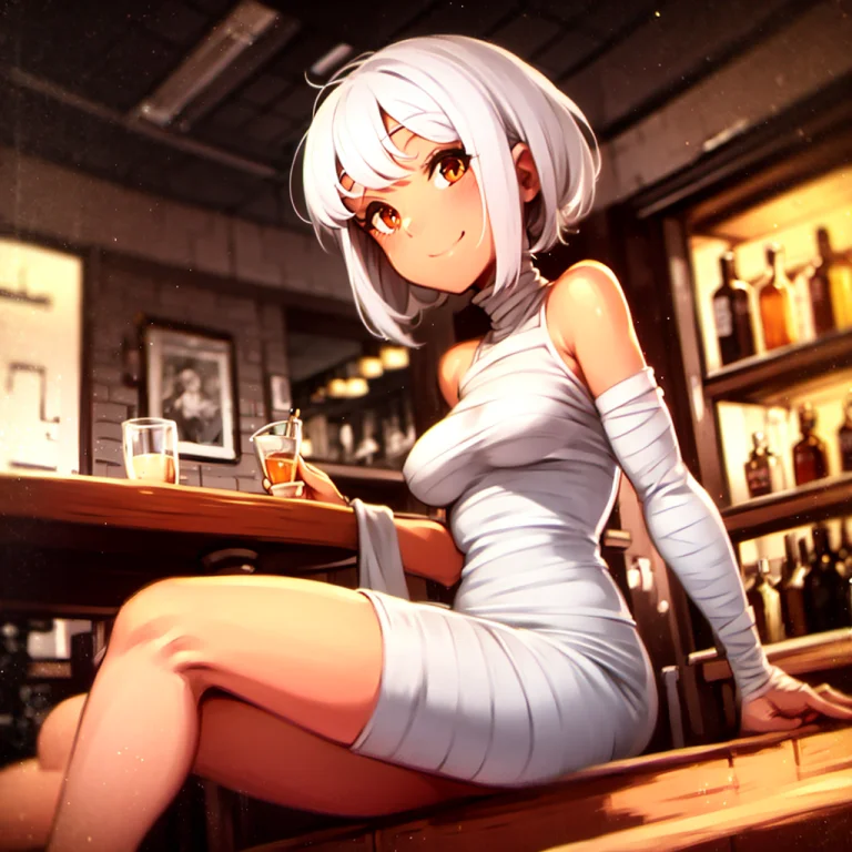 Girl, Dress, At Bar, White Hair, Smiling, Sitting At Table,...