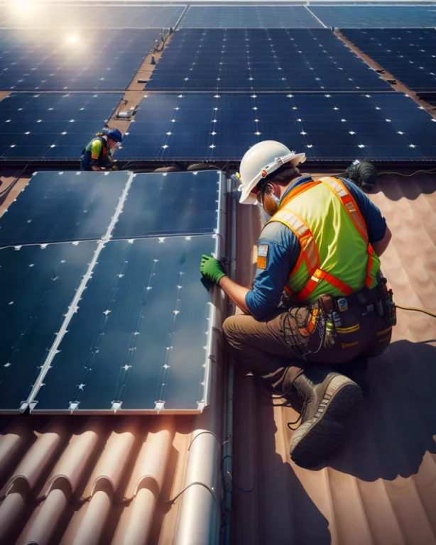 Ultra Realistic Photo Installing A Solar Cell On A Roof. Sol...