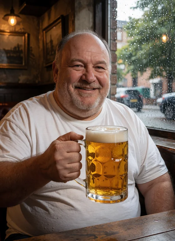 A Casual Photo Of A Bulky Middle Aged Lad Who Is Holding A L...