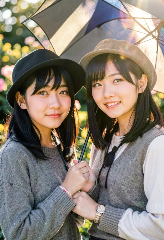 2girls, Waist-length Hair, Black Hair, Amber Eyes, Sweater,...