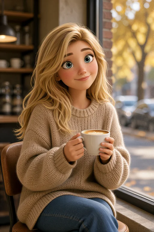Young Woman With Long Blonde Hair And Blue Eyes, Sitting By...
