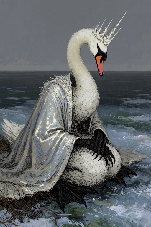 An Anthropomorphic Swan Sorceress Sitting Alone At The Edge...