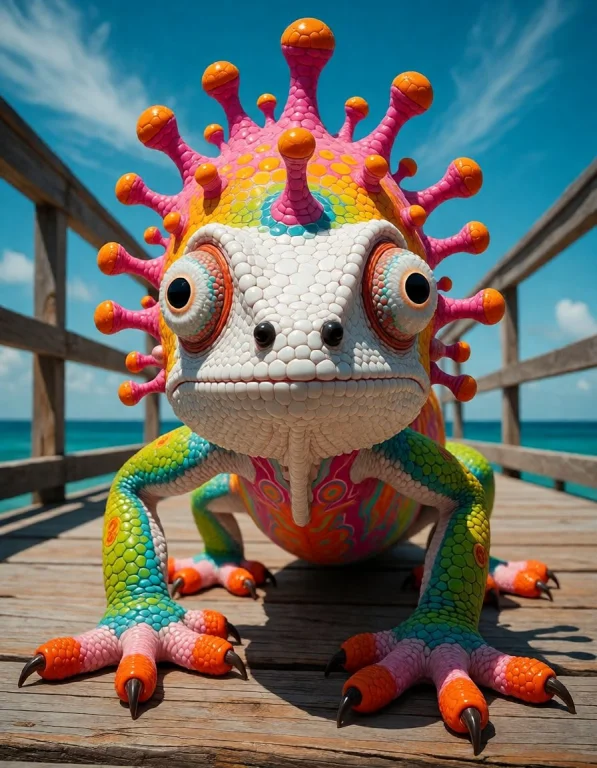 This Is A Digital Artwork Depicting A Vividly Colorful, Surr...