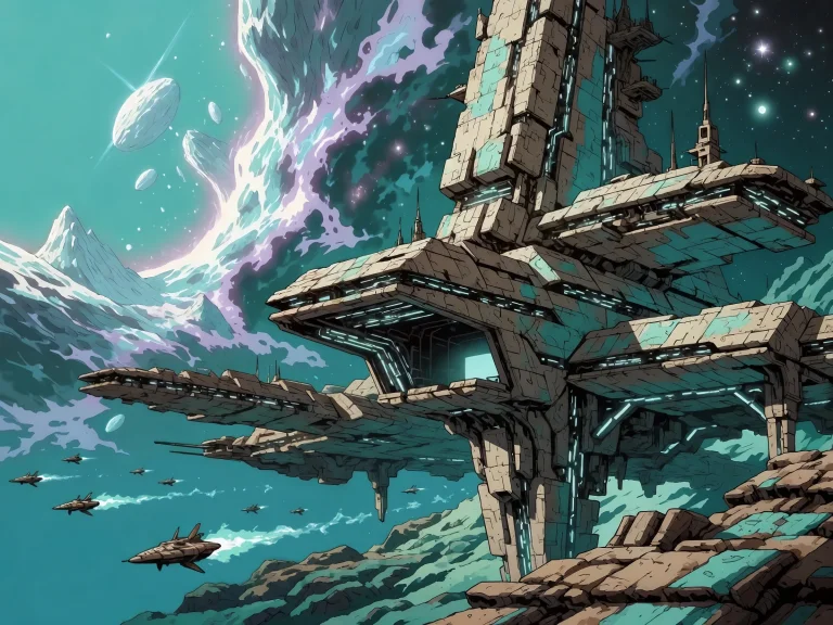 Futuristic Space Station Floating Above Alien Planet Ships F...