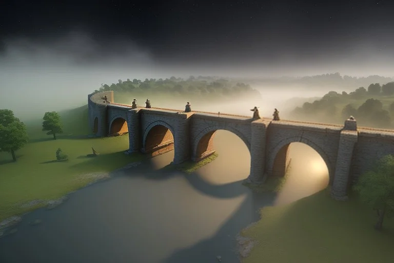 A Medieval Stone Bridge Over A Misty River, Blender Render,...