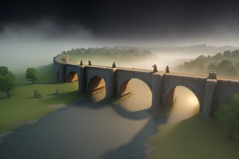 A Medieval Stone Bridge Over A Misty River, Blender Render,... — Stable Diffusion AI Prompt: a medieval stone bridge over a misty river, blender render, bioluminescent glow,...