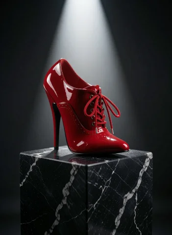 A Single Red Laced High Heel Shoe Displayed On A Polished Bl... — Stable Diffusion AI Prompt: A single red laced high heel shoe displayed on a polished black stone plinth, dr...