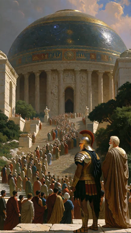 An Ancient, Mythic Cityscape Dominated By A Colossal, Domed...