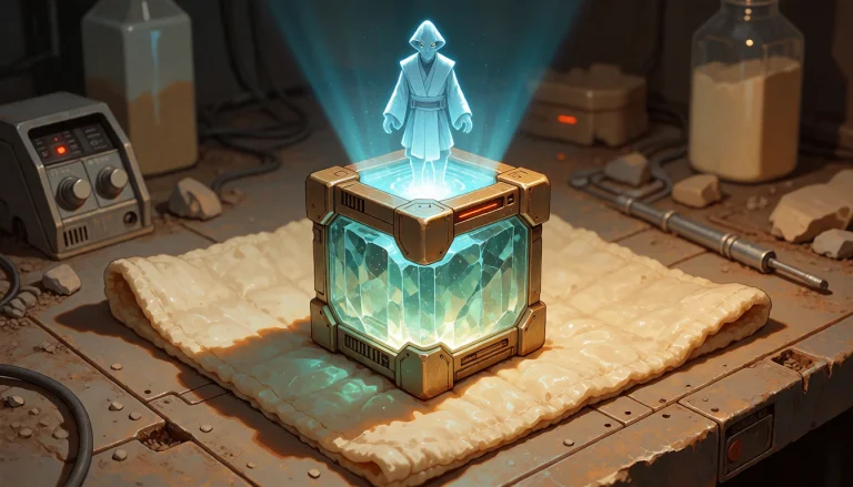 A Cinematic, Hand-drawn Still-life Of A Holocron On A Plasti...