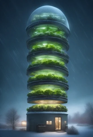 A Vertical Farm Tower Feeding A Domed Colony, Aurora Glow, R... — SDXL AI Prompt: a vertical farm tower feeding a domed colony, aurora glow, rule of thirds, in a...