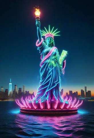 The Statue Of Liberty Rendered Entirely In Radiant Neon Led... — SDXL AI Prompt: The Statue of Liberty rendered entirely in radiant neon LED lights, visible LED...