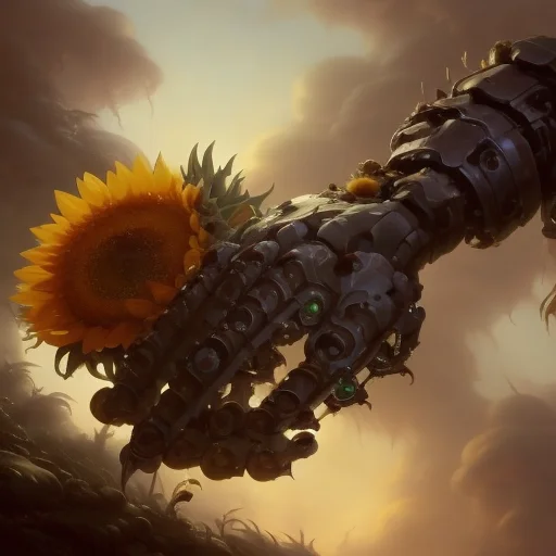 A Broken Robot Hand With Sunflowers Growing Through The Join...