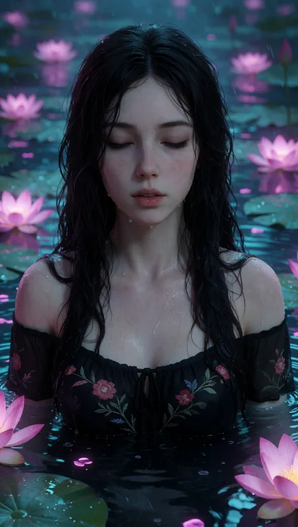 A Young Woman With Long, Dark Wavy Hair Partially Submerged...