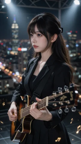 ,20 Specular Lighting A Breathtaking View Of A City Full O... — Stable Diffusion AI Prompt: 石见沙罗,年轻女性，20 岁，清冷寡言的深发少女，黑发顺滑垂落至肩背，发尾随呼吸轻晃...