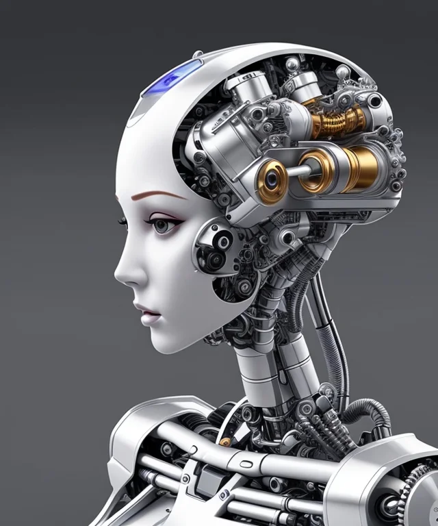 A Female Robot Head Contains V8 Engine Cylinders, A Detailed...