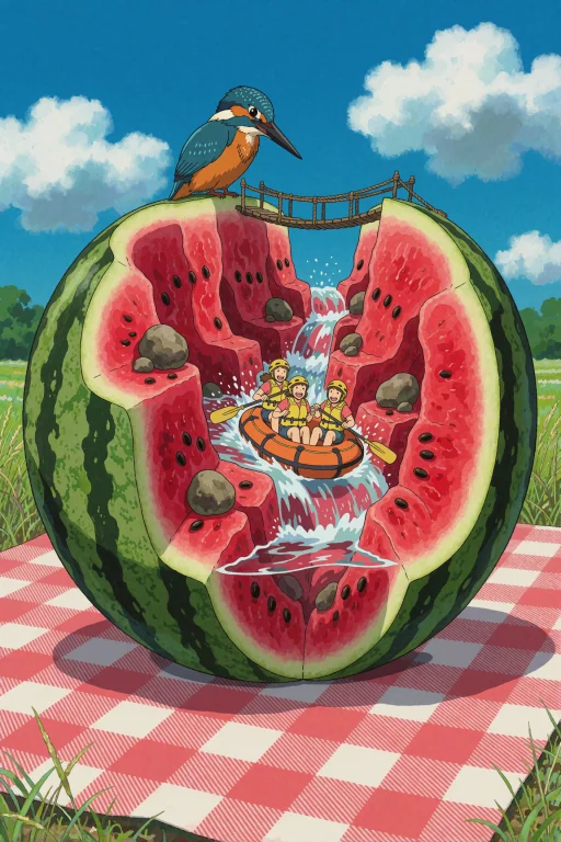 Ghibli Style Illustration, Half A Watermelon Lying On A Summ...
