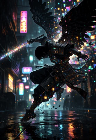 Njsw33t , A Fallen Angel In Cyber-wuxia Armor Descends Throu... — Stable Diffusion AI Prompt: @NJSW33T , A fallen angel in cyber-wuxia armor descends through a rain-soaked ne...