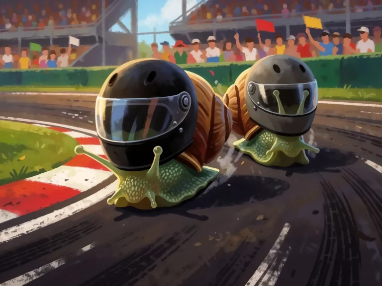 Two Snails Wearing Racing Helmets On Track Crowd In Backgrou...