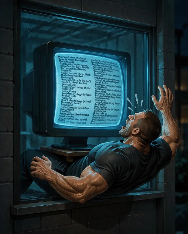 A Comical Image Of A Huge Monitor Covered In Text Ramming In...
