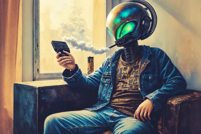 An Alien Sits On A Ragged Dirty Couch And Smokes A Cigarette...