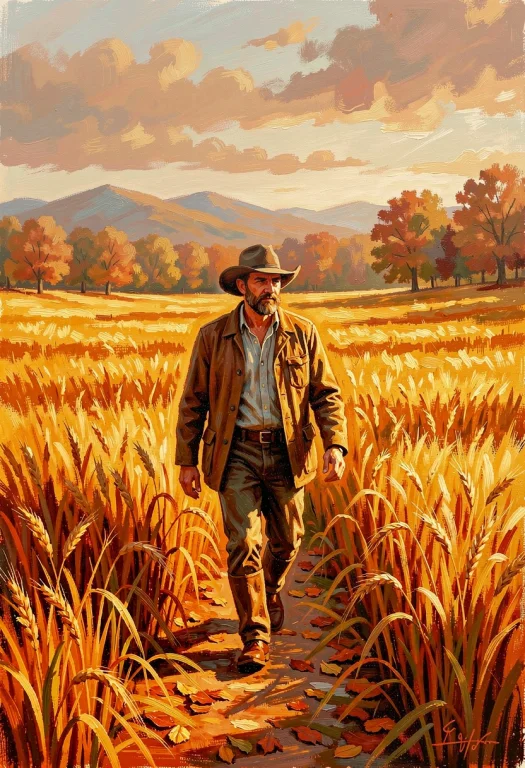 A Farmer Walking Home Through Golden Fields, Acrylic Paintin...