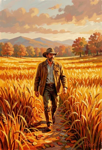 A Farmer Walking Home Through Golden Fields, Acrylic Paintin... — Stable Diffusion AI Prompt: a farmer walking home through golden fields, acrylic painting, warm color palett...