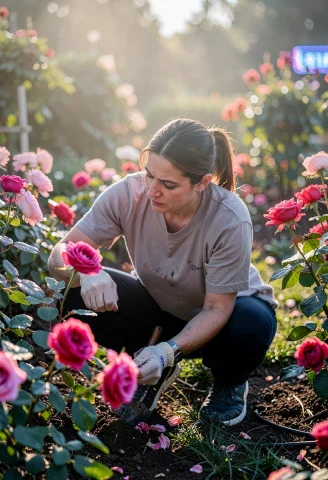 A Gardener Tending Roses In Early Morning Light, Cinematic P... — Stable Diffusion AI Prompt: a gardener tending roses in early morning light, cinematic photography, neon lig...