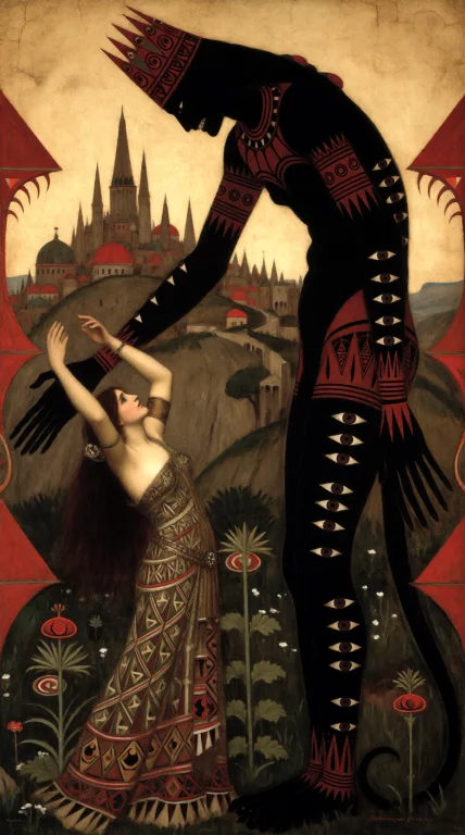 Oil Painting Of A Surreal, Mythic Scene Rendered In A Styliz...