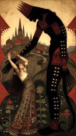 Oil Painting Of A Surreal, Mythic Scene Rendered In A Styliz... — Stable Diffusion AI Prompt: Oil painting of a surreal, mythic scene rendered in a stylized, folk-art aesthet...
