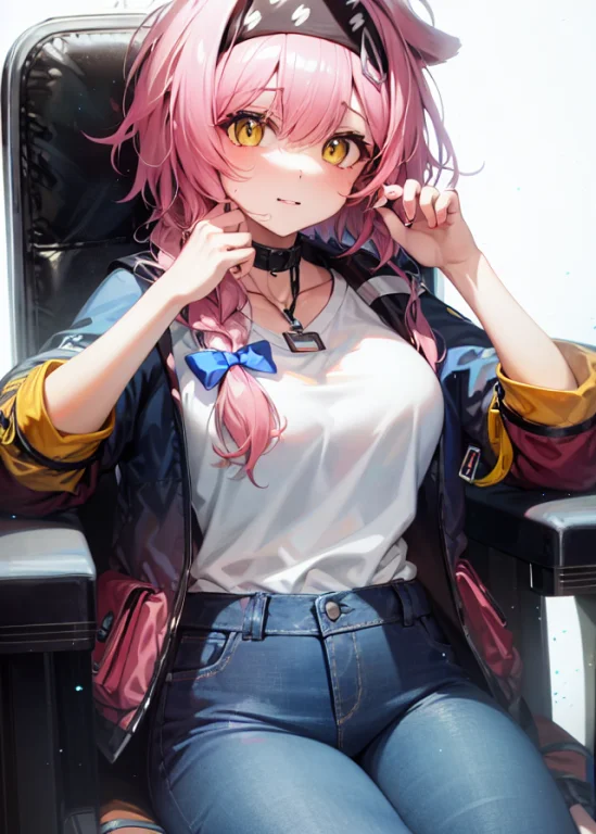 1girl,headband, Sitting,jeans,sitting,chair,cowboy Shot,simp...